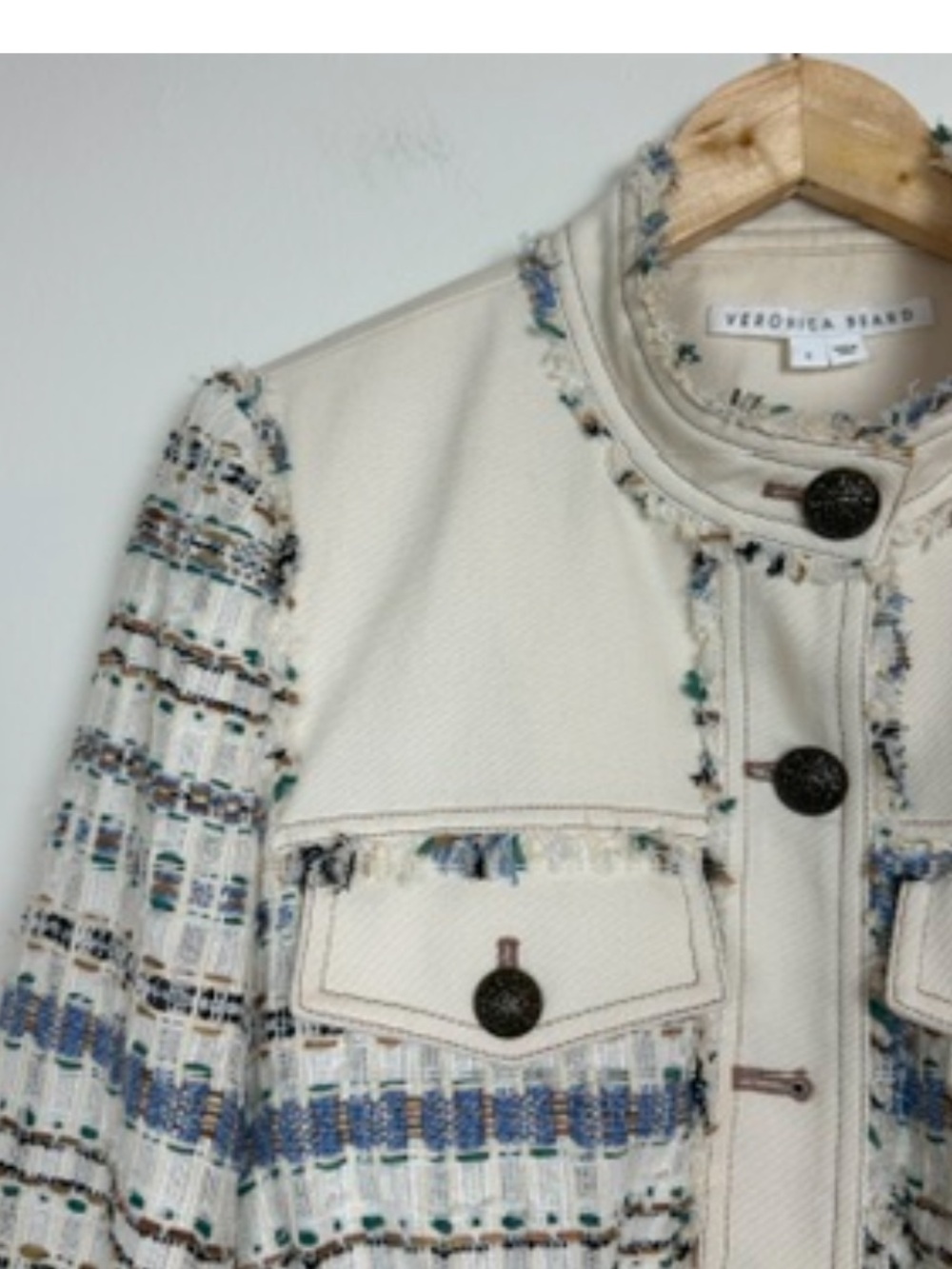 Veronica Beard Darren Tweed Cropped Denim Twill Paneled Blue Ivory Jacket Sz 6 - Picture 4 of 8